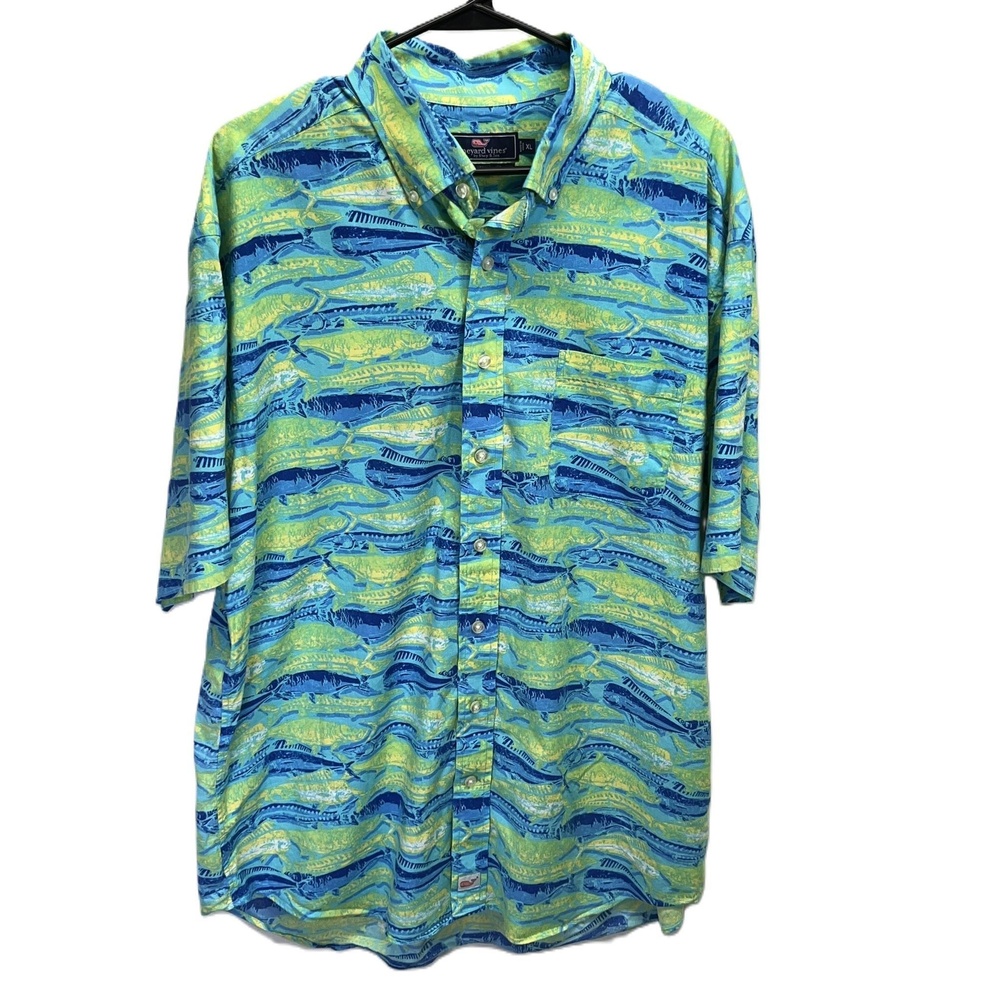 Vineyard Vines Fish Print Blue‎ Yellow Men's Button-Up Shirt XL